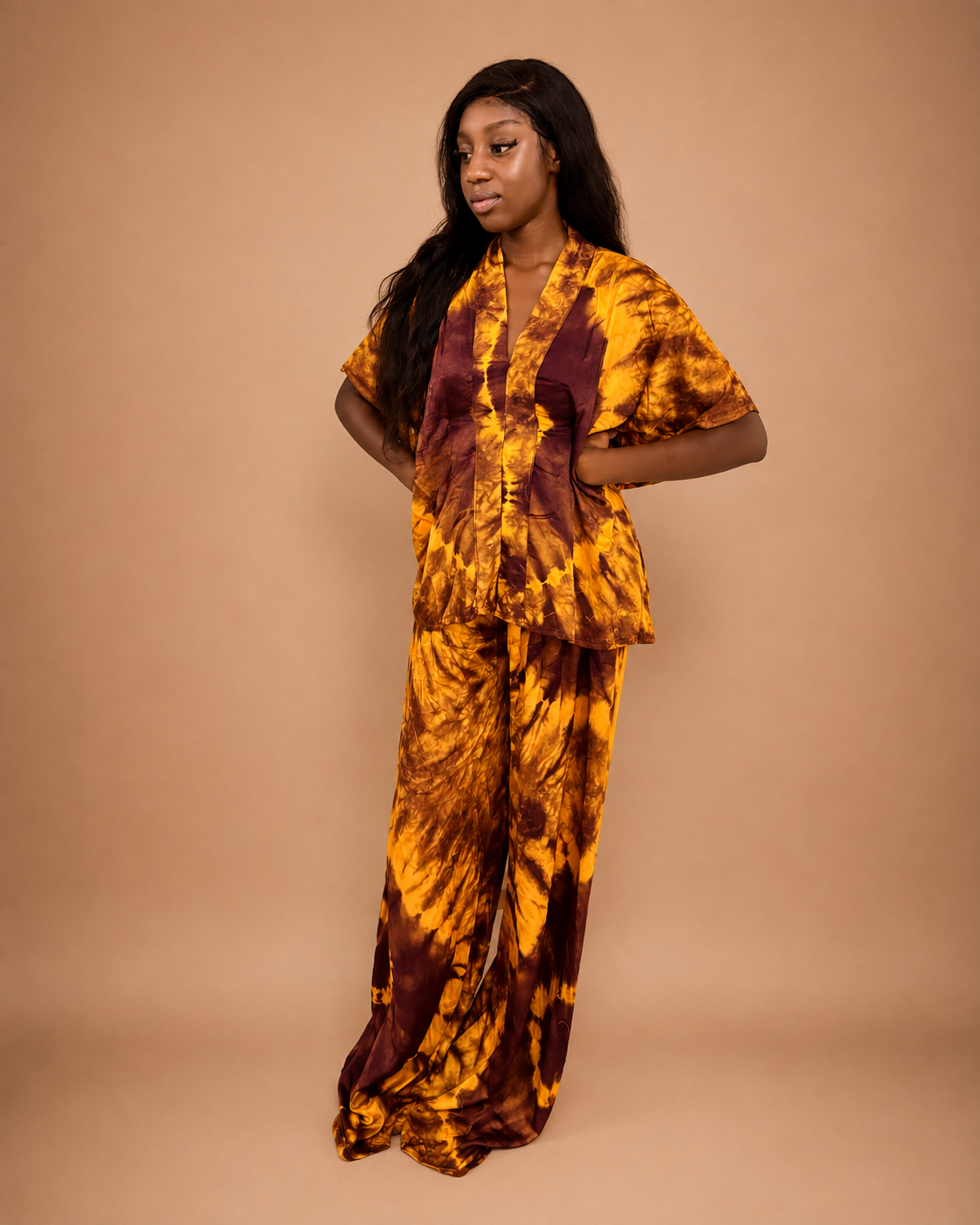 Ensemble tunique pantalon large orange et marron teinture main Fashionista Paris