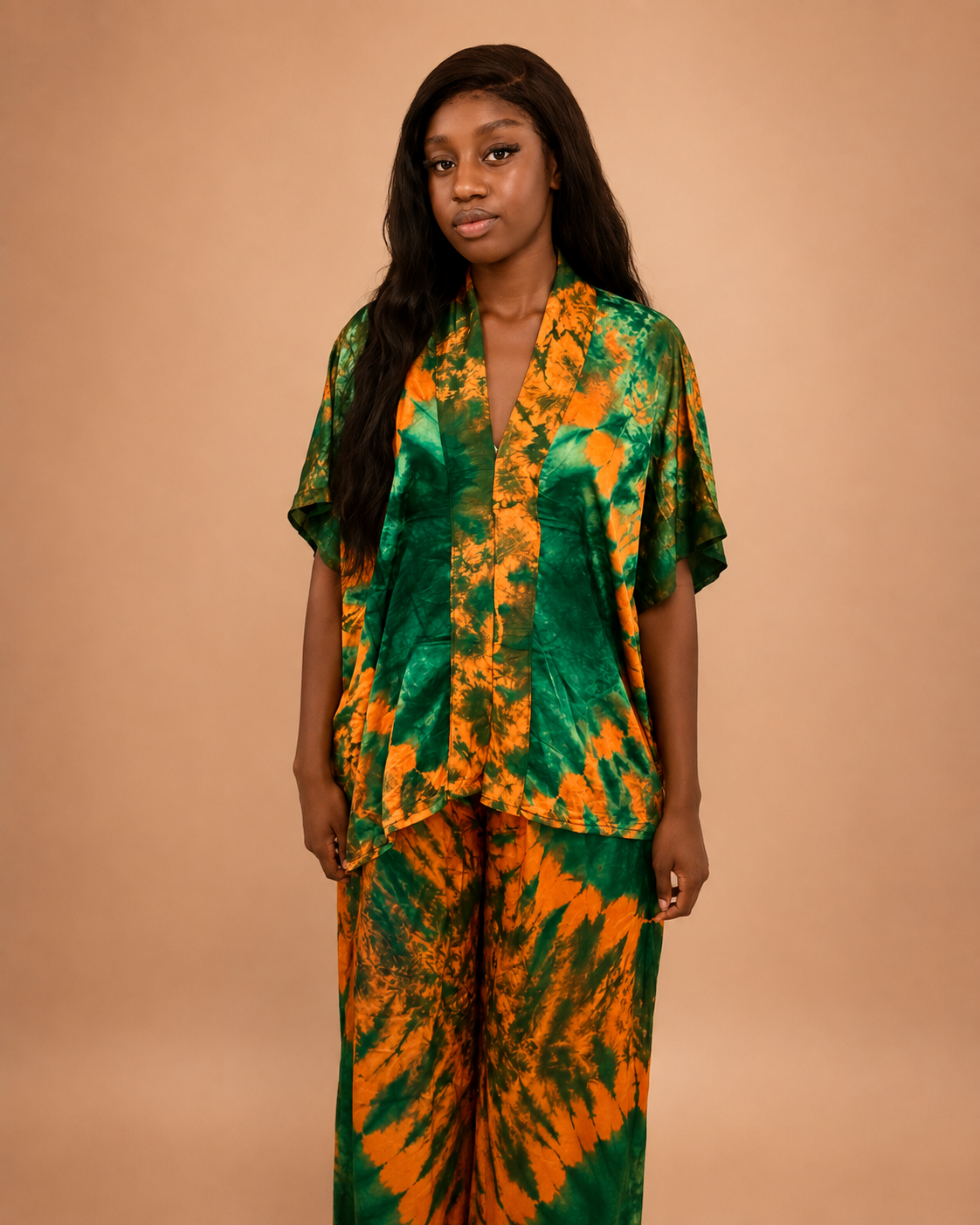 Ensemble 2 pièces africain vert et orange tunique manches courtes pantalon fluide