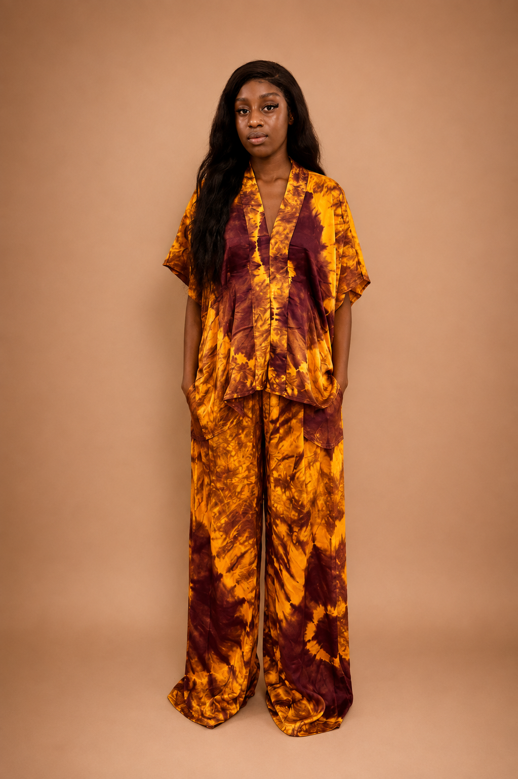 Ensemble tunique pantalon large orange et marron teinture main Fashionista Paris