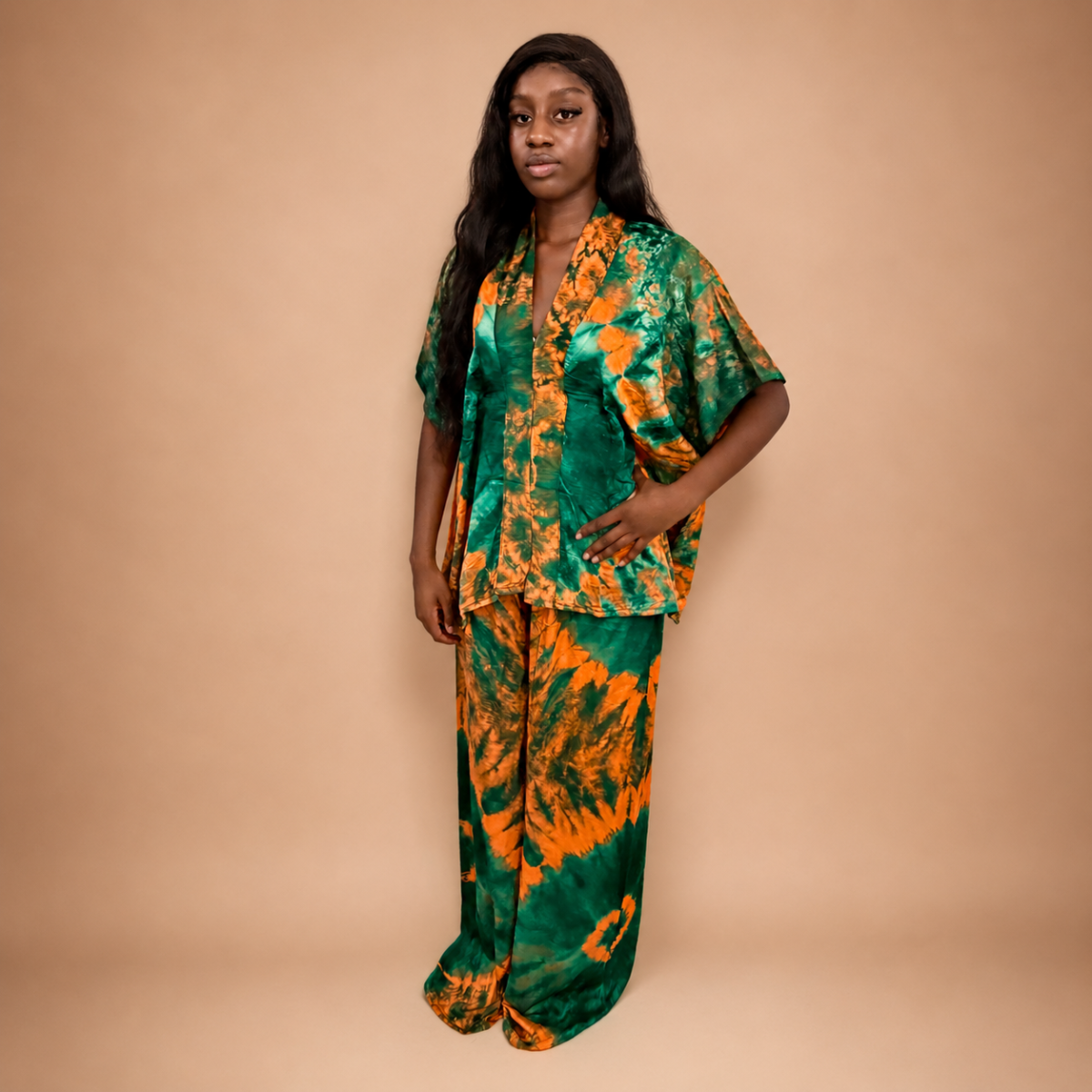 Ensemble 2 pièces africain vert et orange tunique manches courtes pantalon fluide