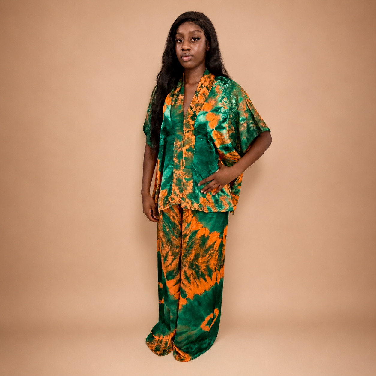 Ensemble 2 pièces africain vert et orange tunique manches courtes pantalon fluide