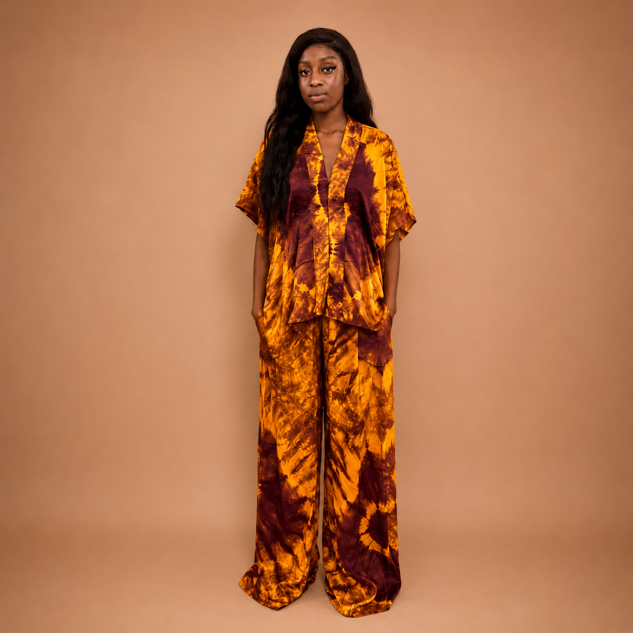 Ensemble tunique pantalon large orange et marron teinture main Fashionista Paris
