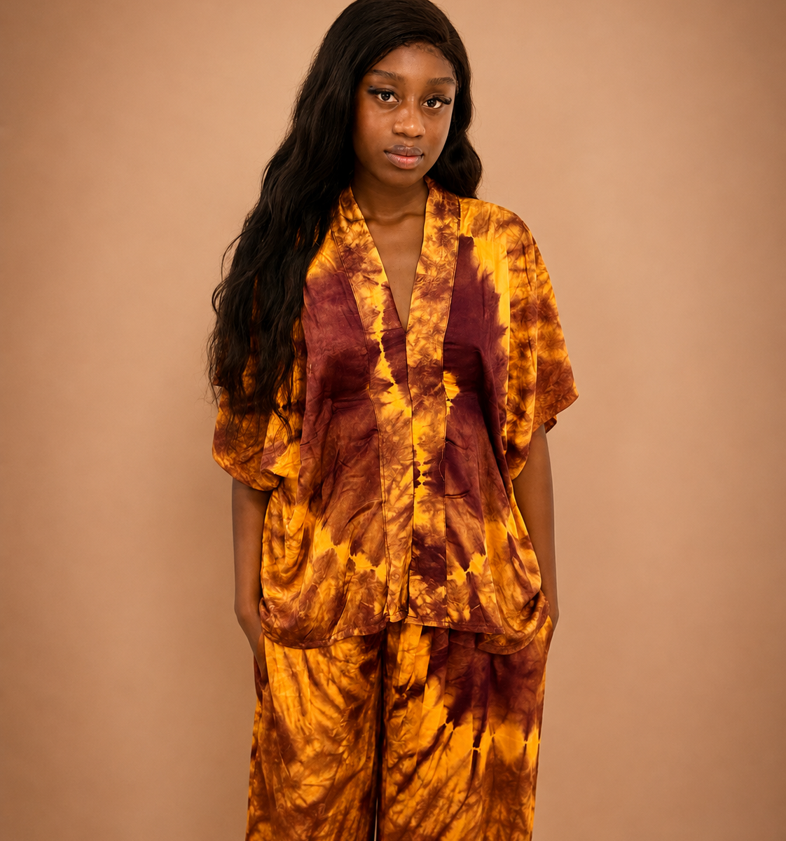 Ensemble tunique pantalon large orange et marron teinture main Fashionista Paris