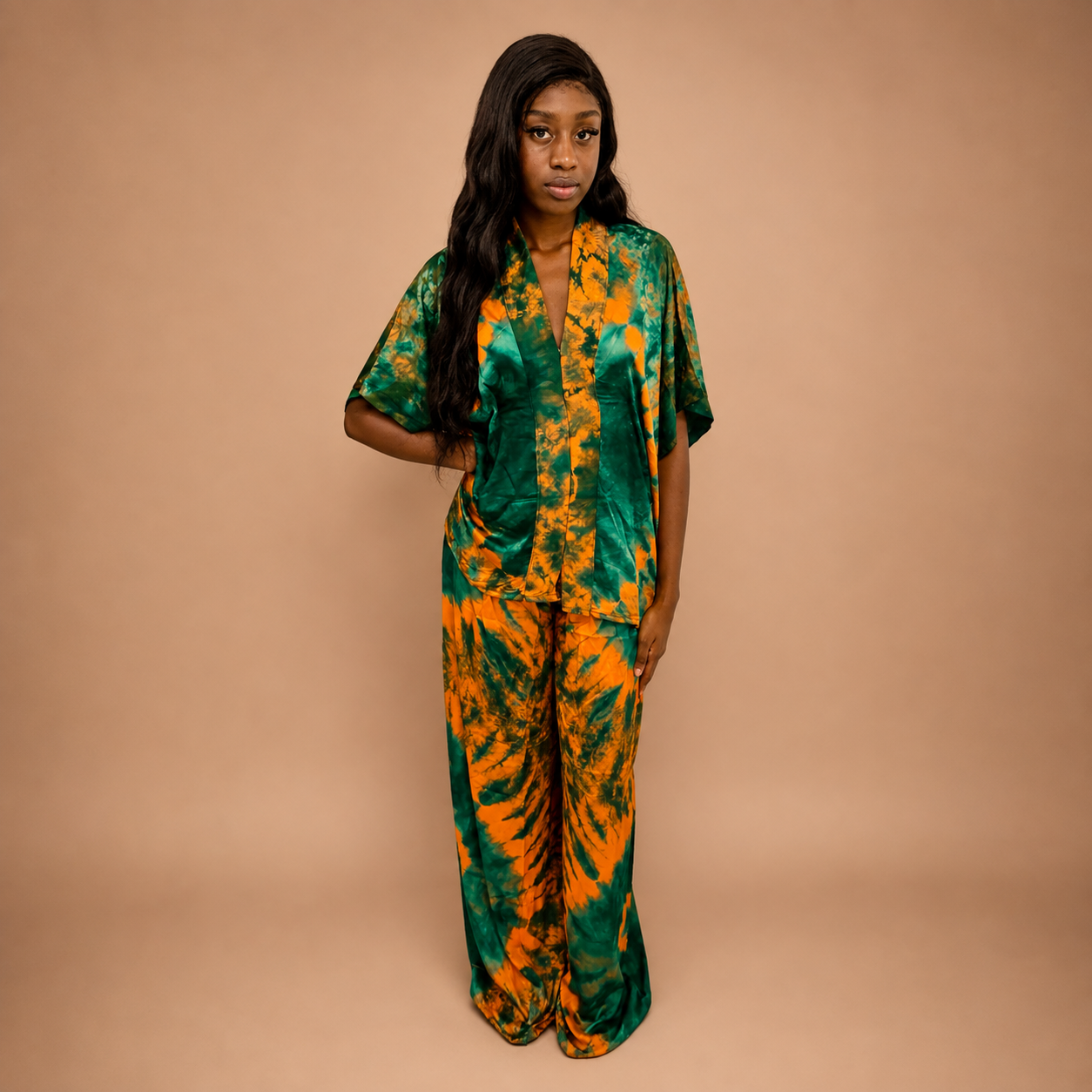 Ensemble 2 pièces africain vert et orange tunique manches courtes pantalon fluide