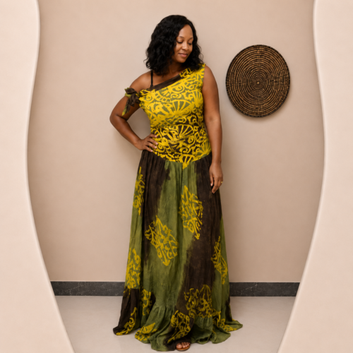 Robe Coumba – Robe longue africaine tie & dye, épaule dénudée