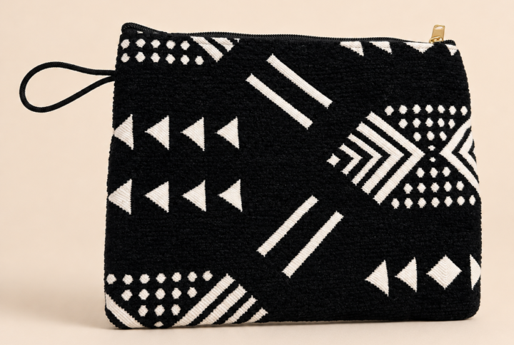 Pochette Bogolan noire à motifs géométriques blancs