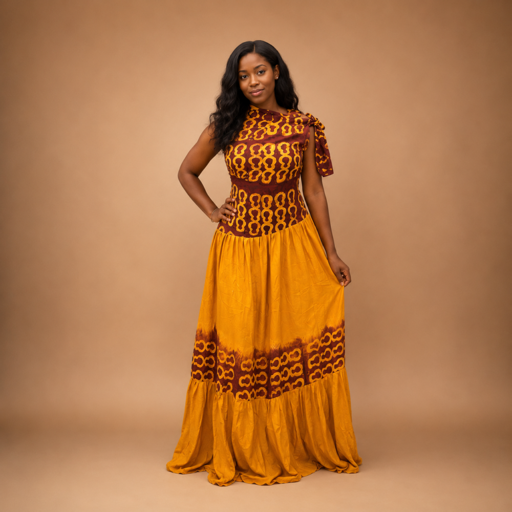 Robe Hawa– Robe longue africaine tie & dye, épaule dénudée