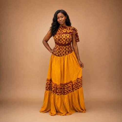 Robe Hawa– Robe longue africaine tie & dye, épaule dénudée
