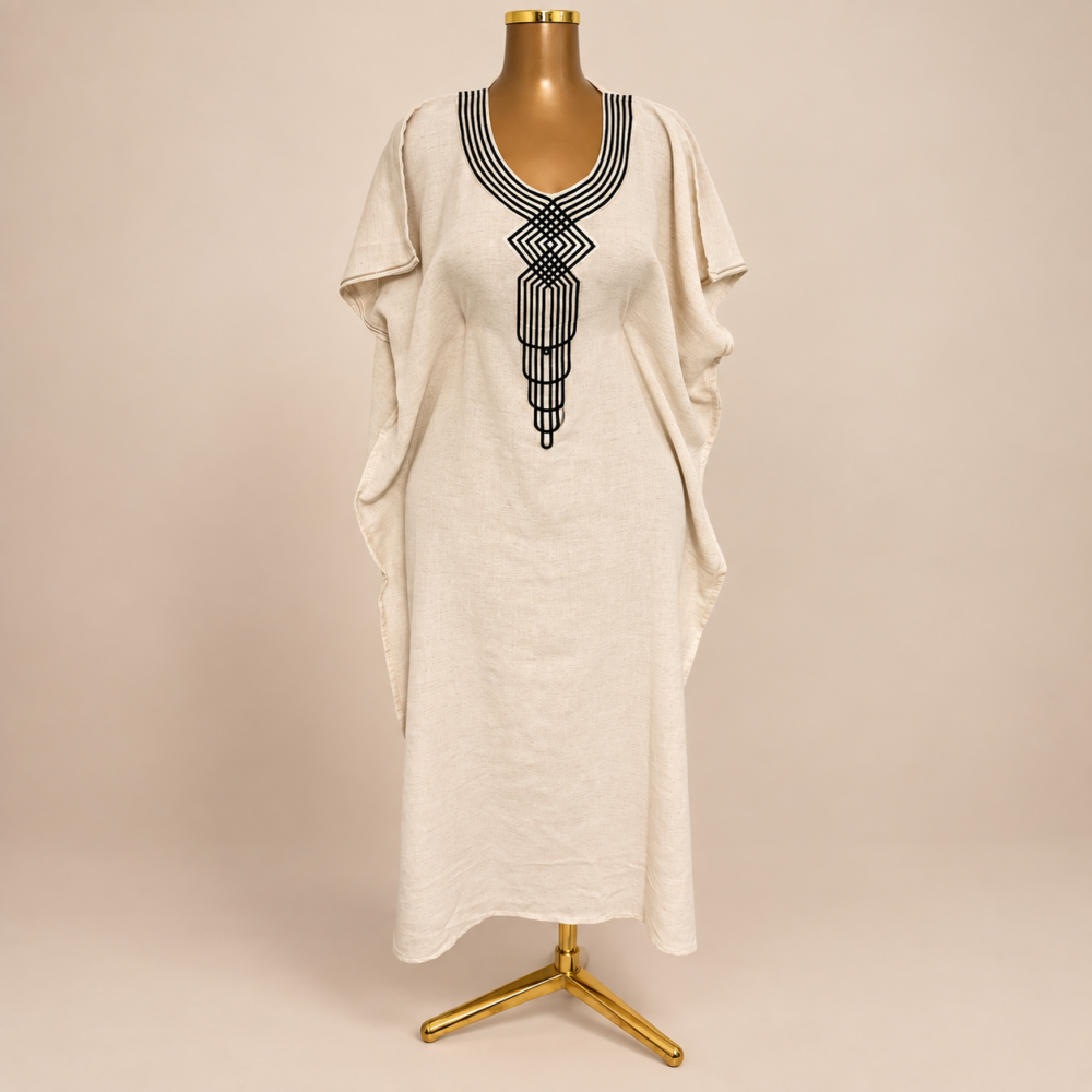 Djellaba Amira en Lin – Blanche Brodée